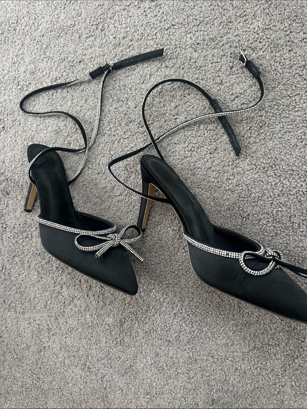 Black Bow Pointed-Toe Ankle Tie Heels